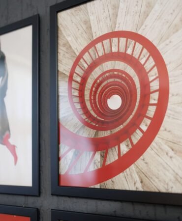 Circular artwork on a guest-room wall