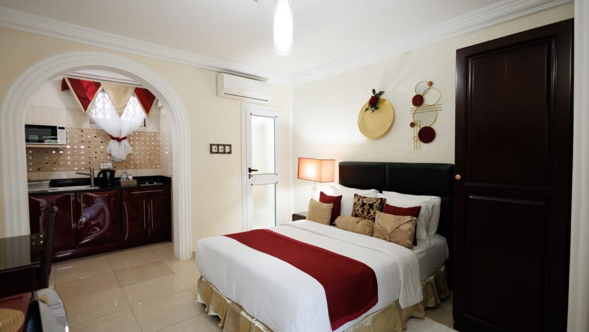 Wide view of the Standard Double Room and kitchenette